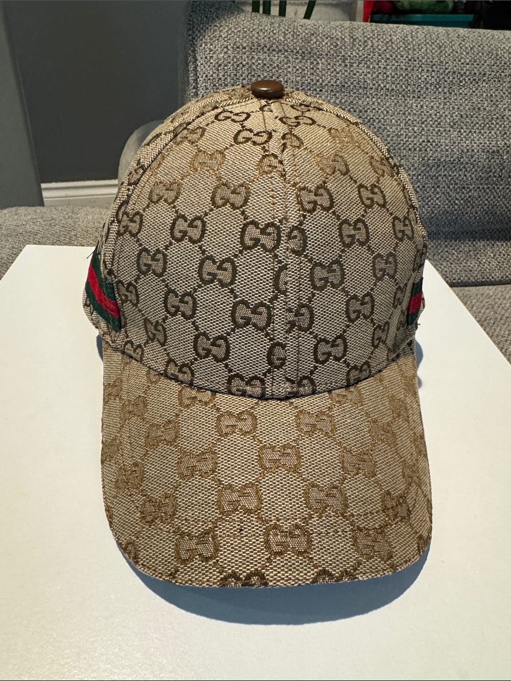 Luxury Beige Monogram Baseball Cap with Red and Green Accent